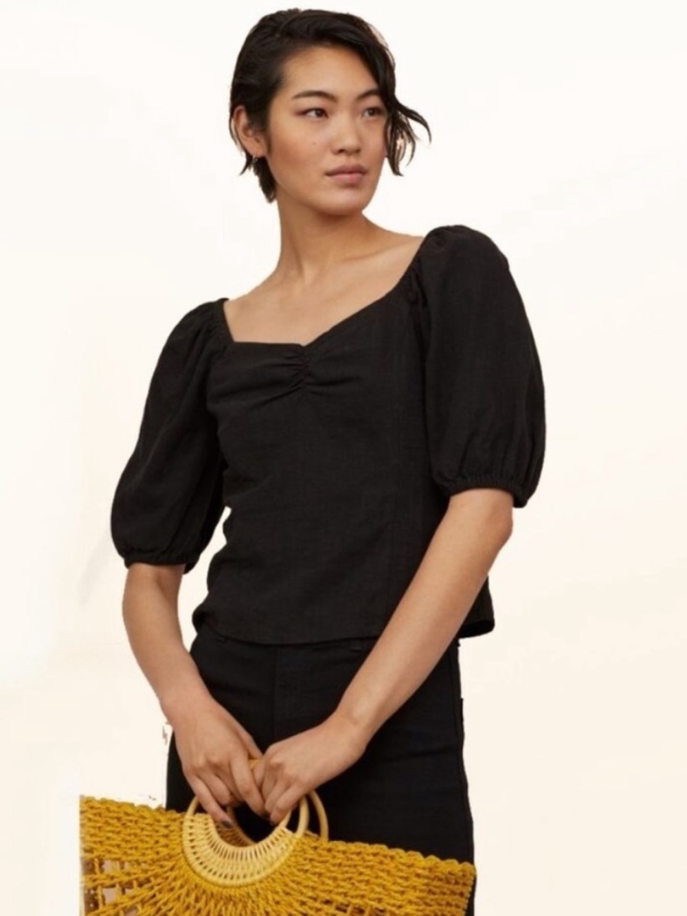 H&M Woven Linen Blend Black Puff Sleeves Blouse